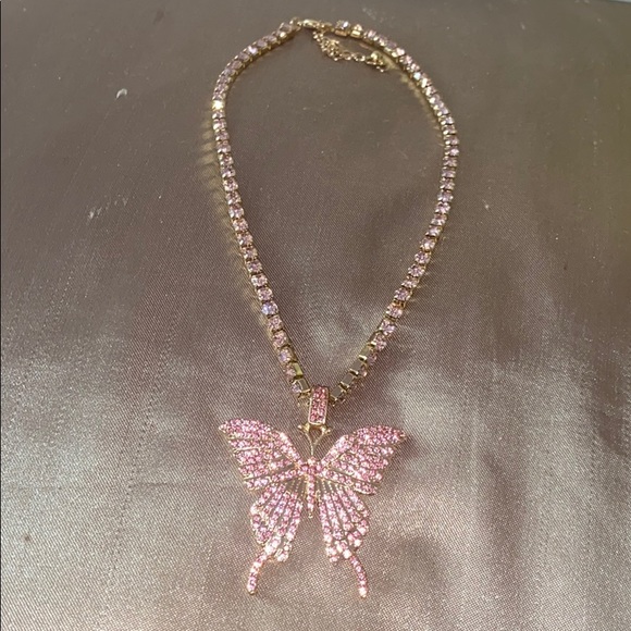 Jewelry - Pink and gold butterfly rhinestone necklac…